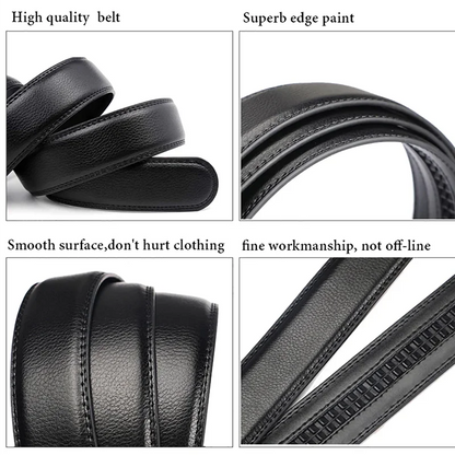 Cintura da uomo con fibbia automatica – Cintura a cremagliera in similpelle nera, 110–130 cm