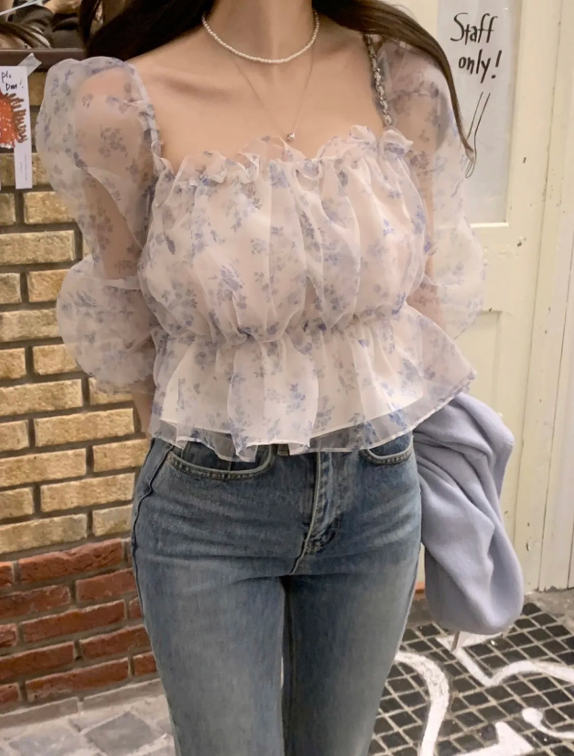 Chic Spring Women's Blouse Gentle Shoulder Bared Floral Bubble Sleeve Chiffon Top Korean Style Loose Fit Long Sleeve Short Le...