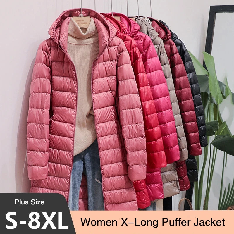 2025 9 Colors Plus Size 5xl 6XL 7XL Womens Down Jackets Long Ultra Light Thin Casual Coat Puffer Jacket Slim Remove Hooded Parka