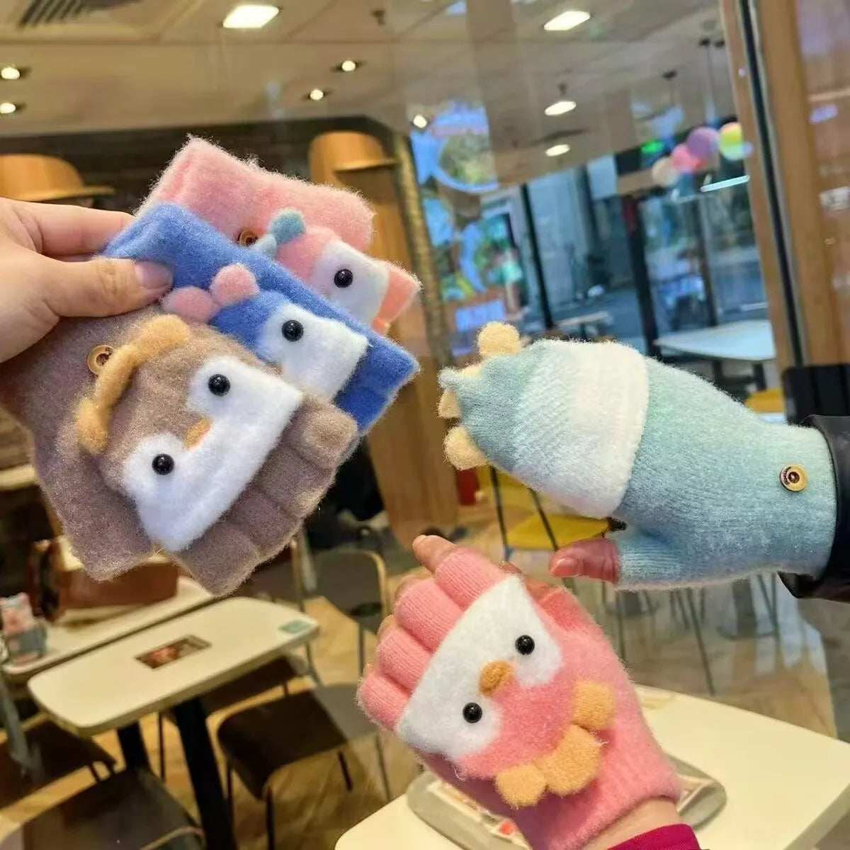 Kids' Penguin Flip-Top Mittens – Half-Finger Winter Gloves (Ages 2–6)