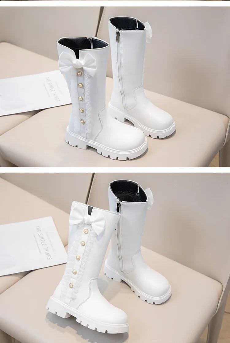 Girls' Waterproof Knee-High Boots with Bow & Lace