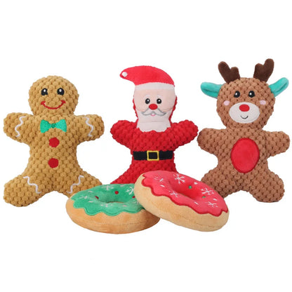 Plüsch-Kauspielzeug für Hunde mit Quietschgeräusch, Weihnachtsmotiv mit Nikolaus, Rentier, Lebkuchenmännchen und Donut, Weihnachts-Plüschspielzeug für Katzen und Hunde, Quietsche-Haustierspielzeug