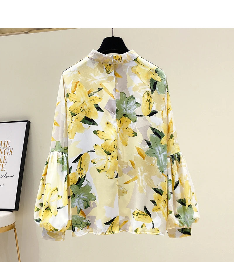 Yellow Floral Printing Chiffon Stand Collar Lantern Sleeve Pullover Women's Blouse Shirt Casual Female Clothing Tops Fashion