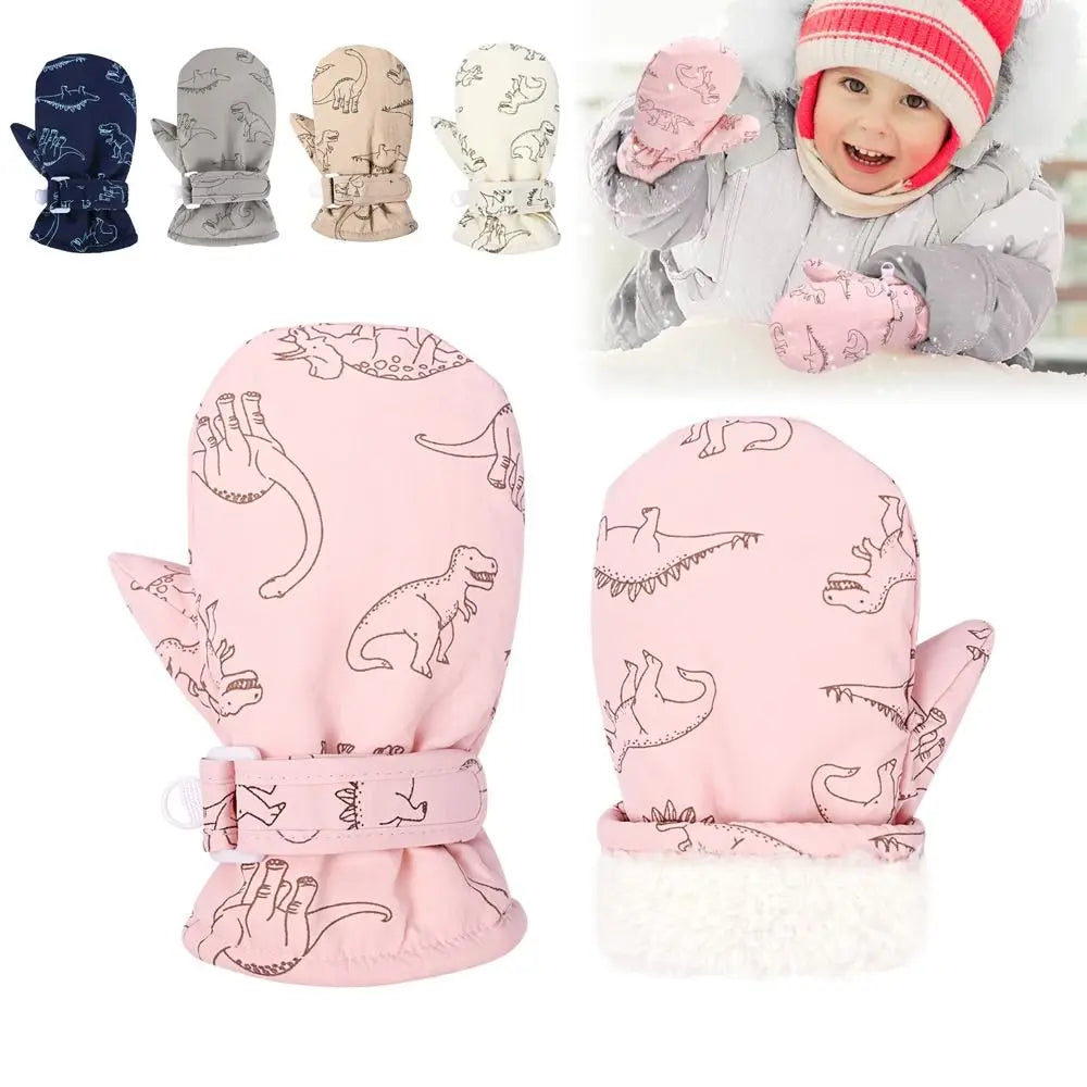 Kids' Dinosaur Print Winter Gloves – Fleece-Lined Snow Gloves
