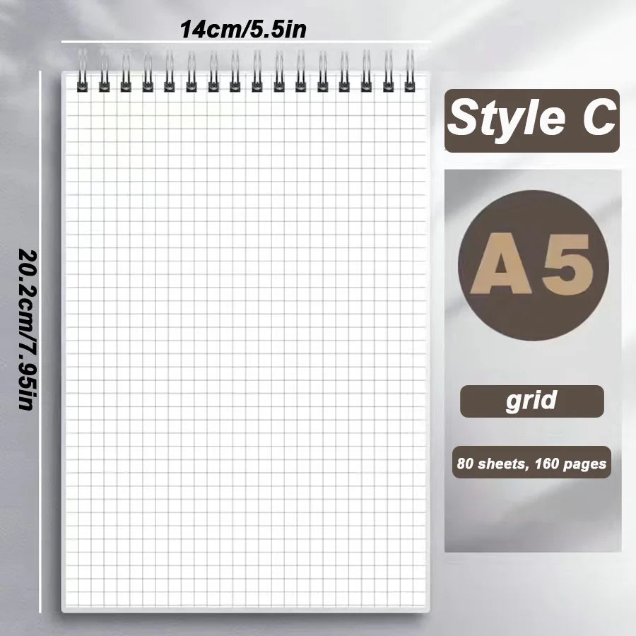 A5 Up Coil Notebook Line Grid Blank Dot Inner 80 Sheets 160 Pages Spiral Notebook with PP Cover Student Note Pad Book