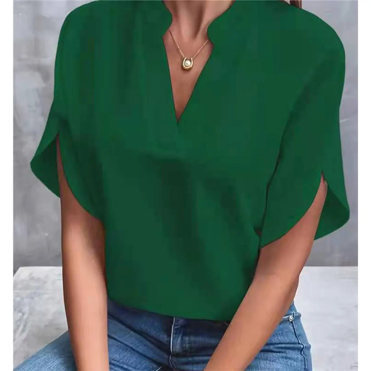 Women's Elegant V-Neck Chiffon Blouse – Casual Short Sleeve Loose Summer Top