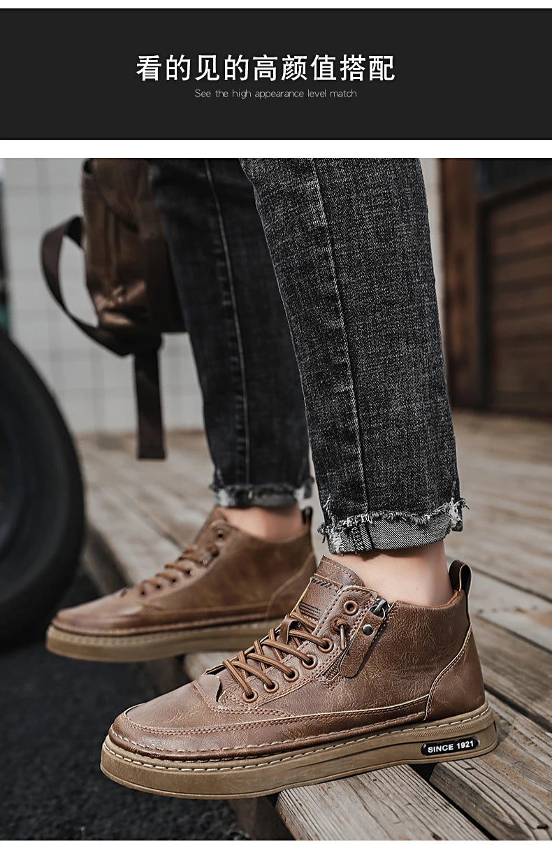 Men's boots autumn and winter new warm plush outdoor casual boots work boots fashion versatile soft soled comfort leather boots