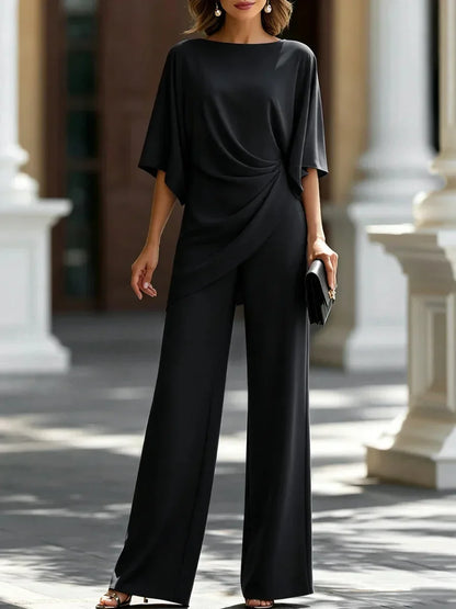 Women's Twist-Waist Two-Piece Set – Cape-Sleeve Top & Wide-Leg Pants