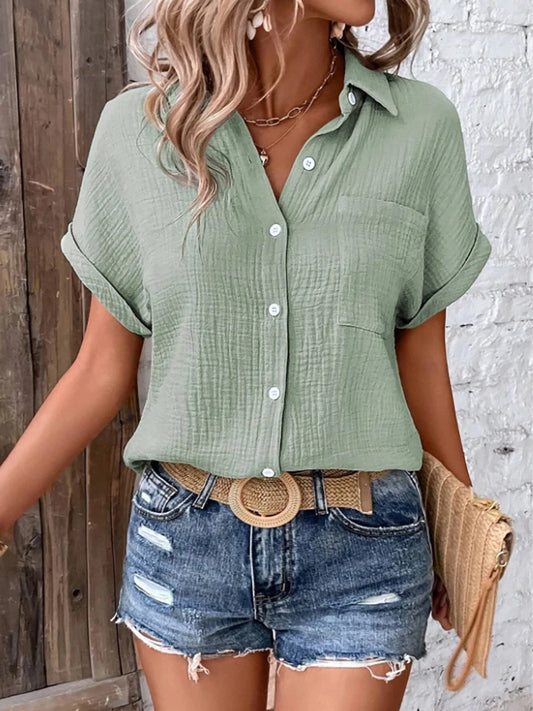 Short-Sleeve Cotton-Blend Button-Up Blouse