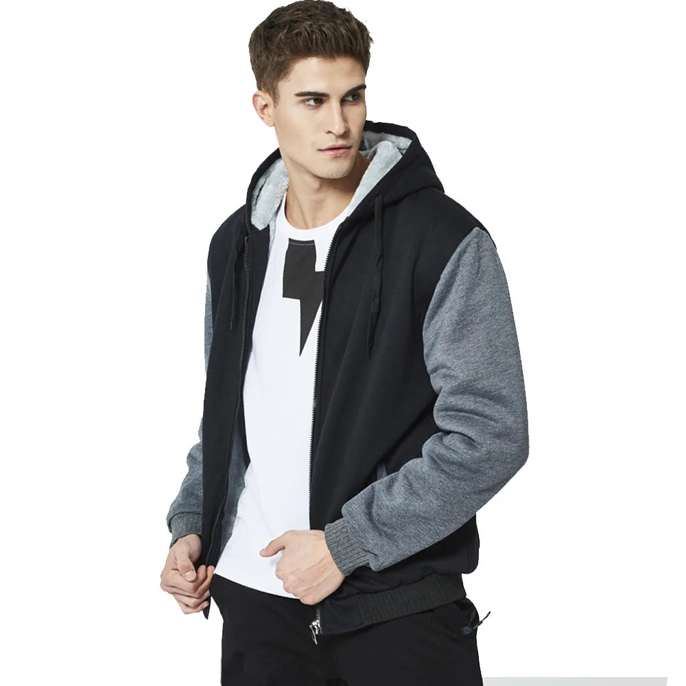Men's Winter Jackets Thick Warm Jacket Brand Sportswear Coat Pants Solid Color Fleece Zipper Hooded Long Sleeved Male Outerwear