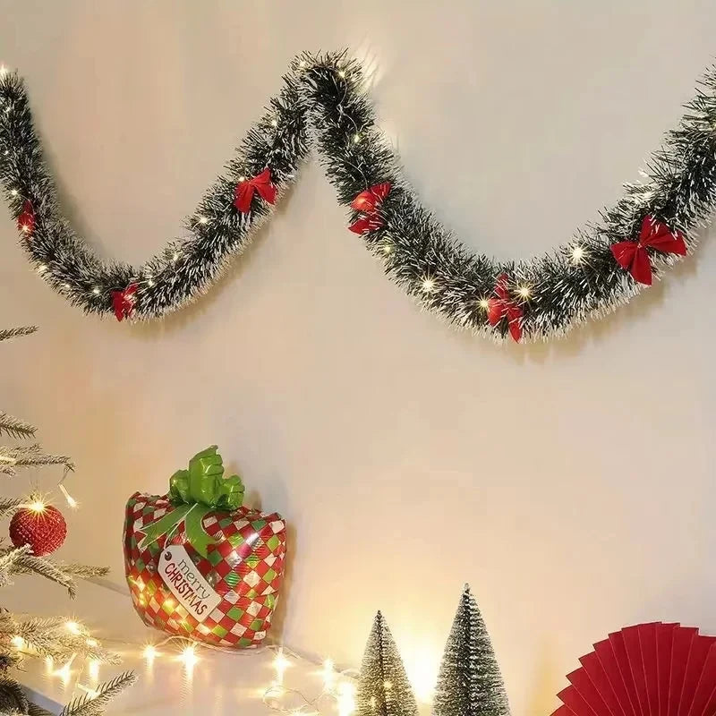 2M LED Light Christmas Tinsel Garland Shiny Metallic Twist Hanging Ornament Artificial Xmas Garland Fireplace Mantel Home Party