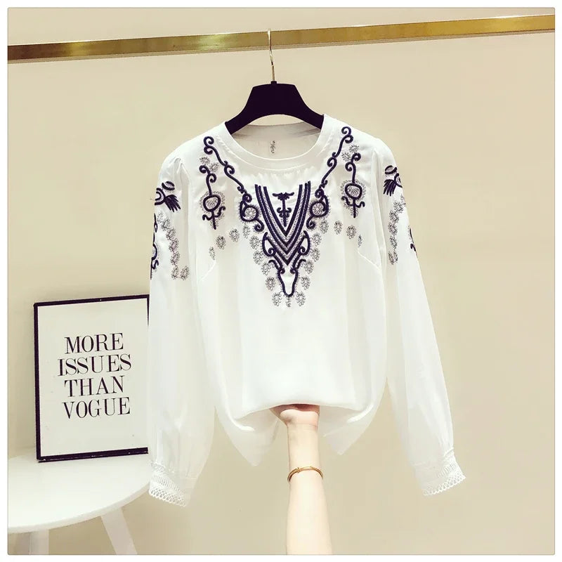 Korean Fashion Embroidery White Blouse Female Chiffon Female Long-sleeved Blusa Early Autumn New Shirt Tops KK1471