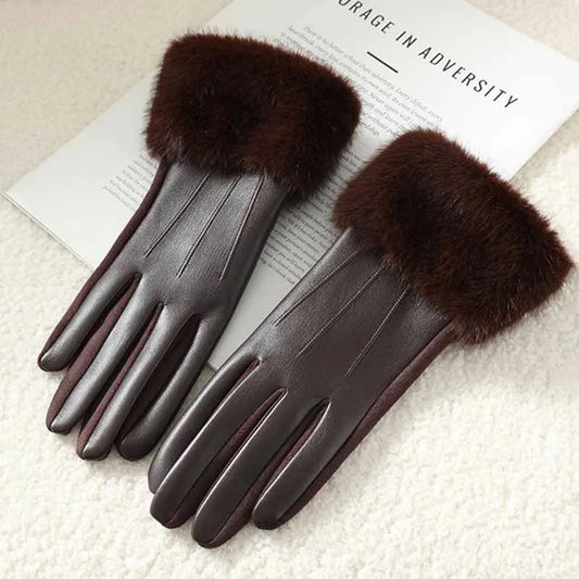 Women's Faux Leather Gloves with Faux Fur Cuff – Touchscreen