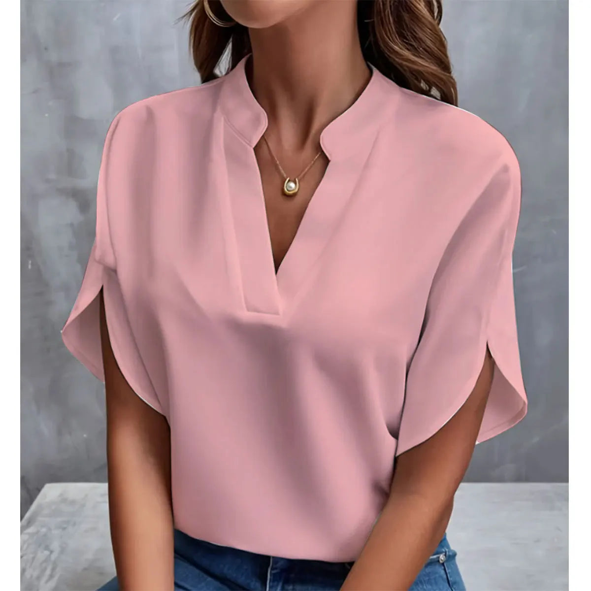 Women's Elegant V-Neck Chiffon Blouse – Casual Short Sleeve Loose Summer Top