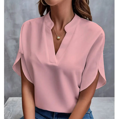Blusa elegante de gasa con cuello en V para mujer – Top holgado de verano con manga corta para uso informal
