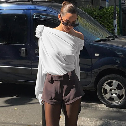 Blusa da donna in chiffon – Top ampio con scollo all'americana, fiore e laccetti per primavera ed estate