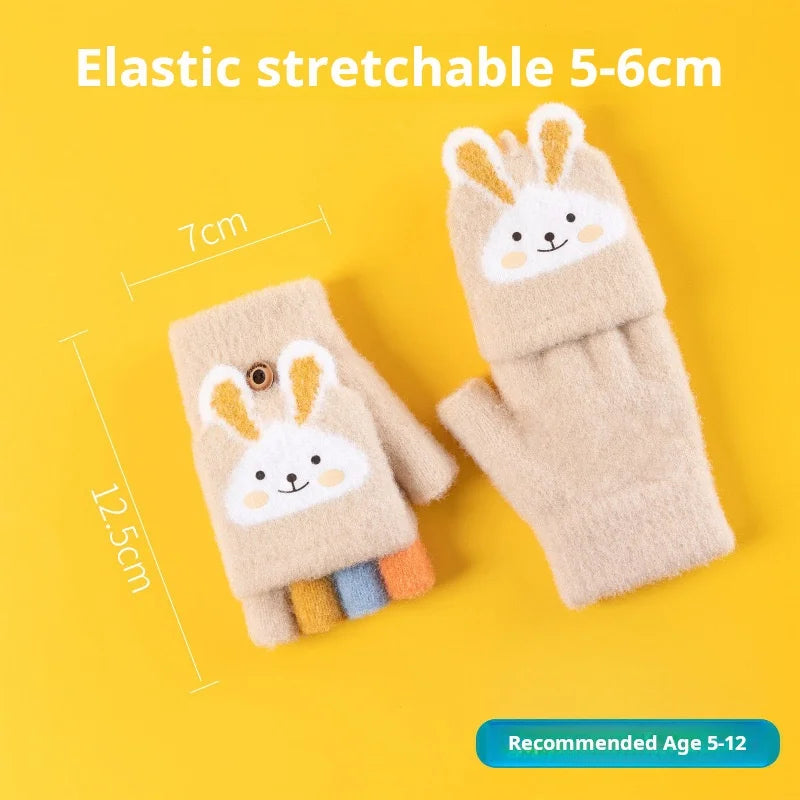 Kids' Bunny Flip-Top Knit Gloves – Half-Finger Mittens (Ages 4–11)