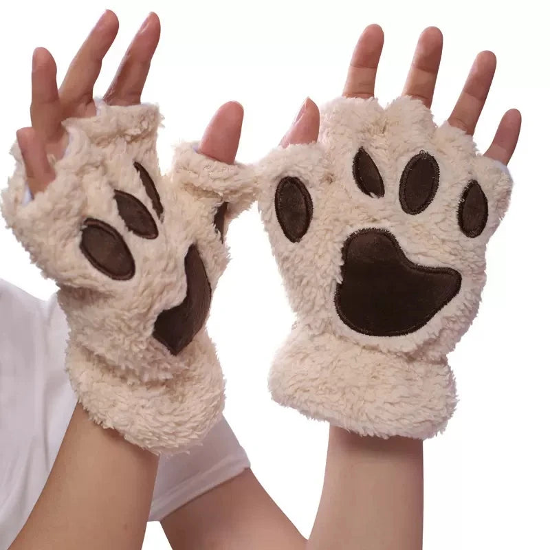 Women's Plush Cat Paw Fingerless Gloves