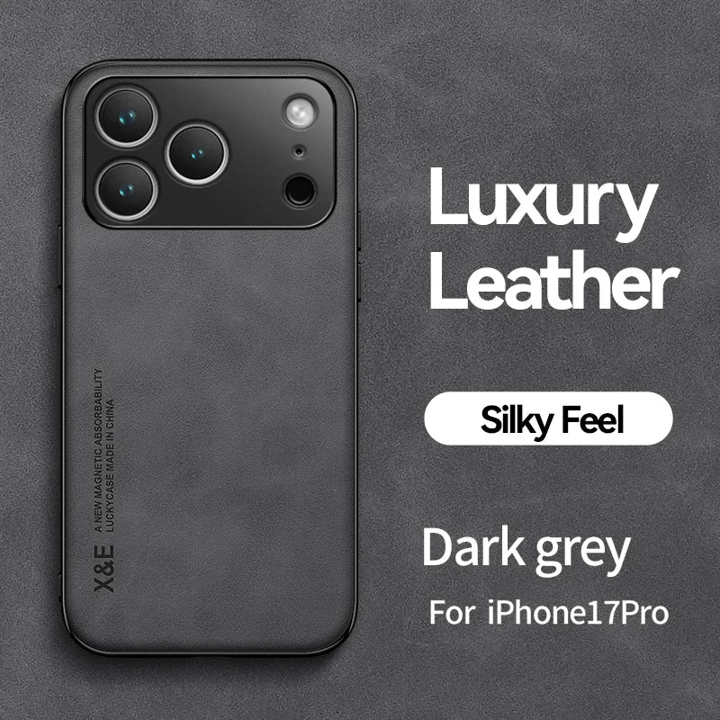 Luxury Leather Case For iPhone 17 18 16 15 14 13 12 11 Pro Max Plus 13 12 Mini Air 16E Cover With Metal Plate Support Car Hold