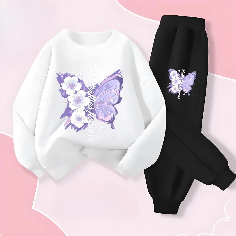 Girls' Butterfly Print Hoodie & Pants Set - 2-Piece Spring Tracksuit, Sizes 100-150