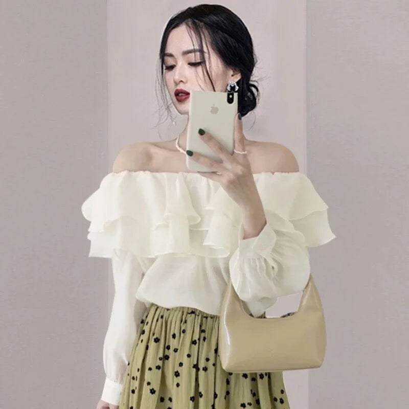 2026 Korean Elegant Sweet Lyocell Blouse Fashion Autumn Off Shoulder Ruffle Slash Neck Long Sleeve Shirt Plus Size Spring Tops
