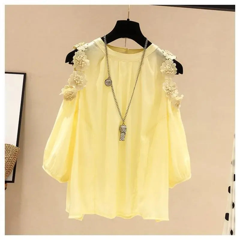 Flower Three-dimensional Decoration Raglan Sleeve O-Neck Pullover Women's Blouse Shirt Female Fashion Blouses Women Clothing