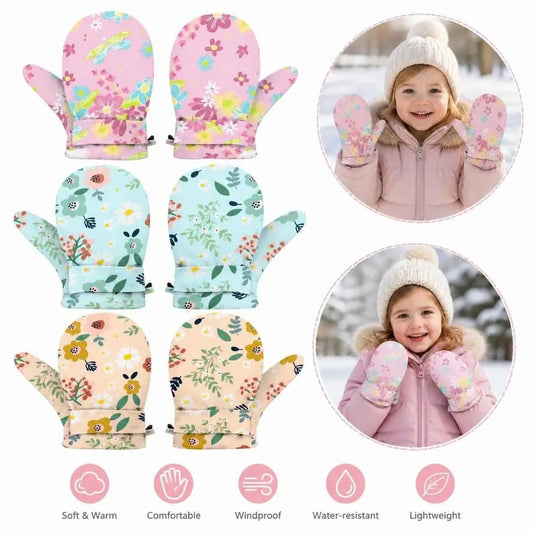 Kids' Floral Fleece-Lined Snow Mittens with Anti-Lost Clip