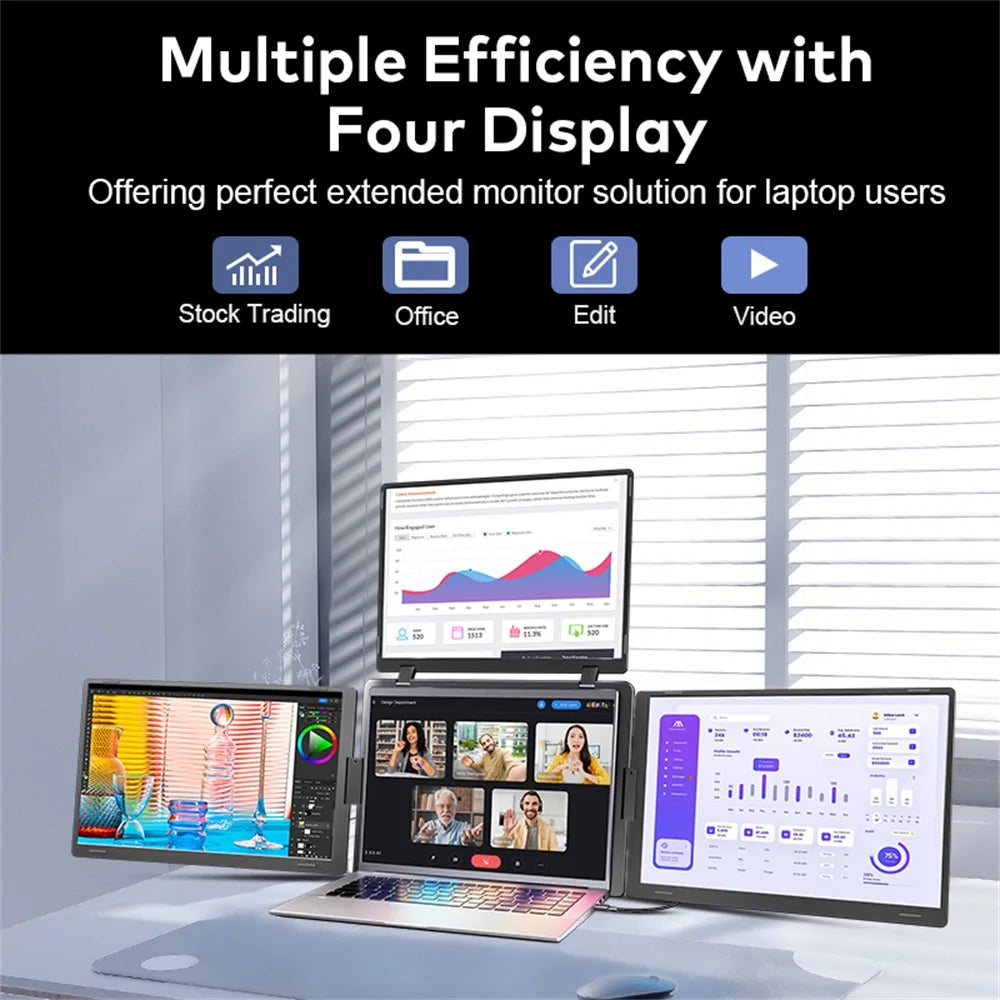Rospider Portable Triple Screen Extender for Laptops – 14" to 18.5", FHD IPS, Foldable, Compatible with MacBook & Windows