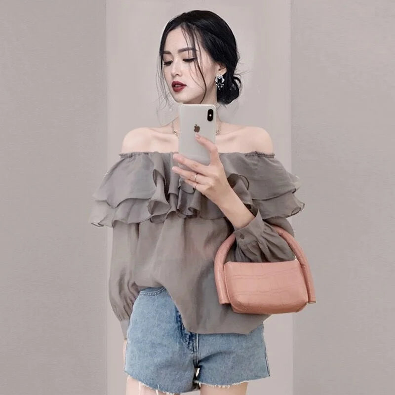2026 Korean Elegant Sweet Lyocell Blouse Fashion Autumn Off Shoulder Ruffle Slash Neck Long Sleeve Shirt Plus Size Spring Tops