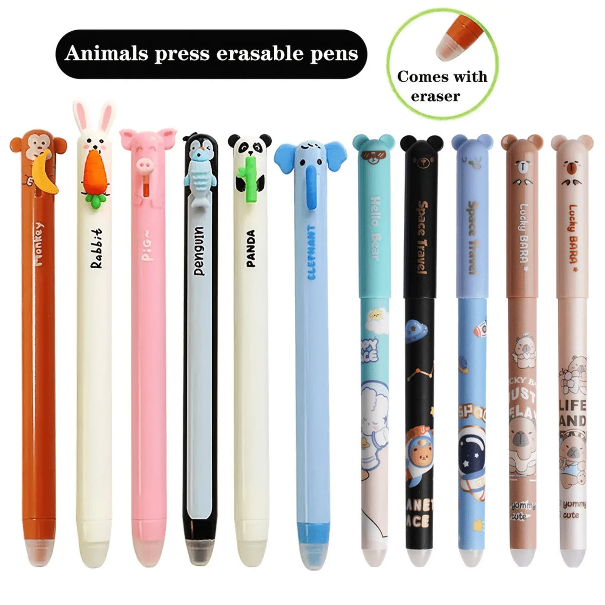 6pcs Animal-shaped Erasable Gel Pen Set, 0.7mm Fine Tip, Blue Ink, Built-in Eraser, Ideal for Note-taking and Writing,Side press