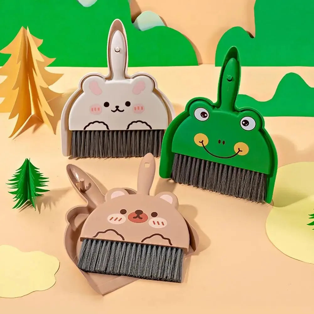 Three cartoon-style brooms with dustpan sets on a colorful background
