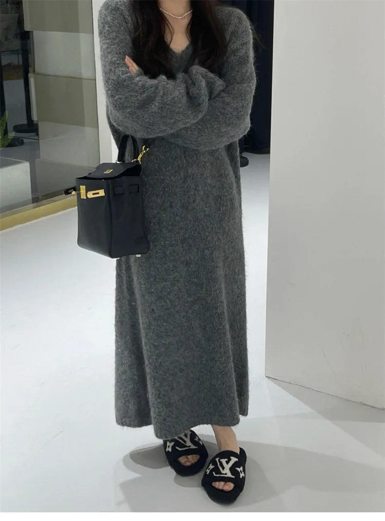 Women's Loose V-Neck Ankle-Length Dress