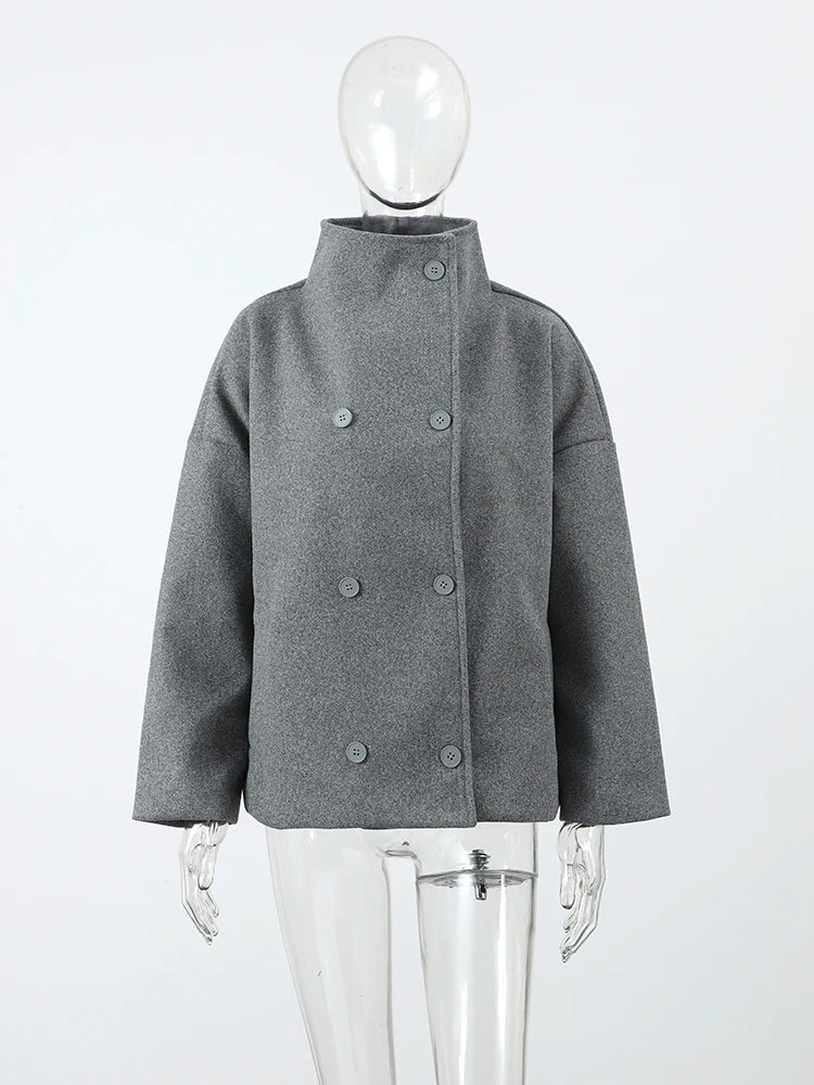 Classic Black High Neck Faux Wool Coats Women Chic Double Breasted Wide Sleeve Pocket Jackets Fall Winter Street Loose Outerwear