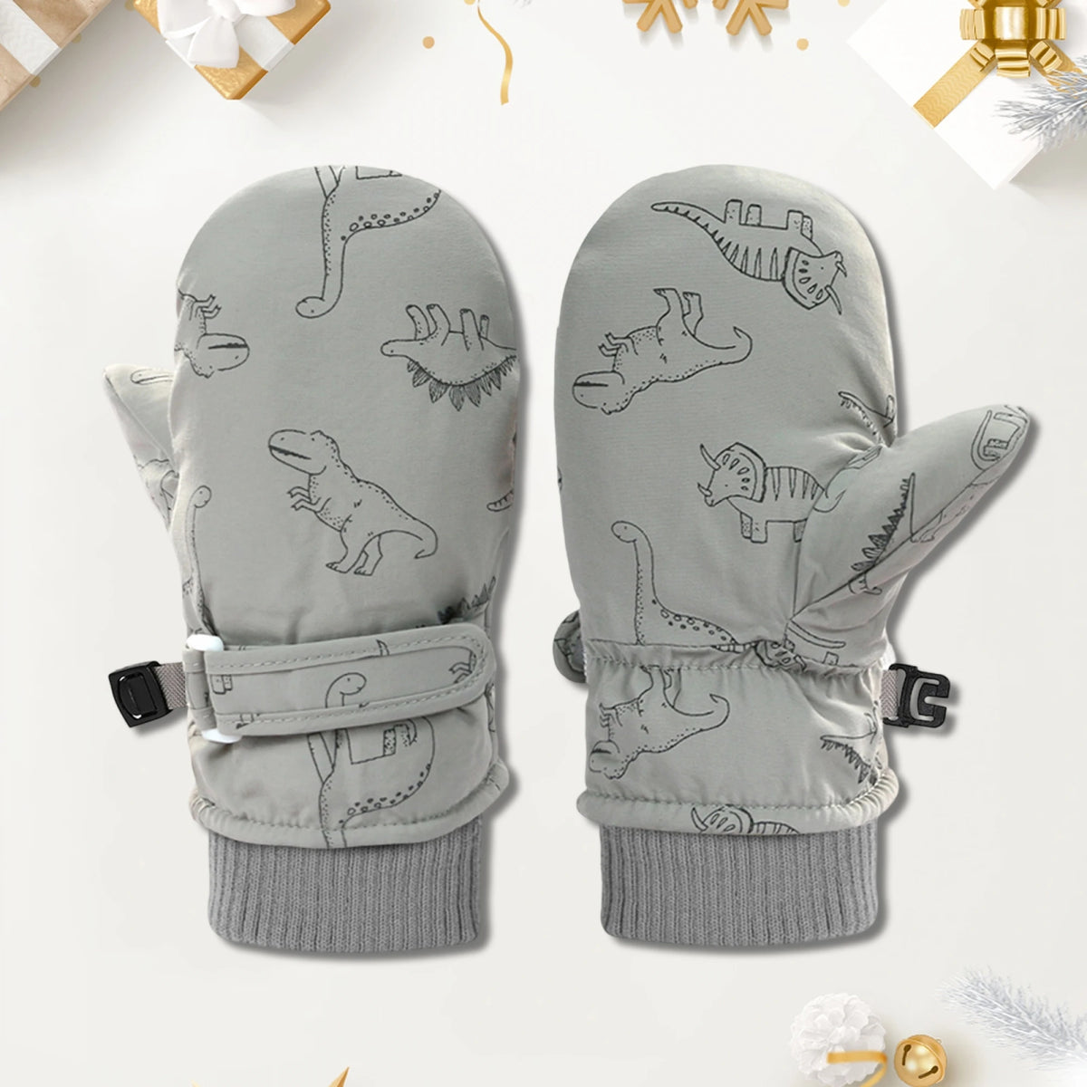 Kids' Dinosaur Print Fleece-Lined Snow Mittens