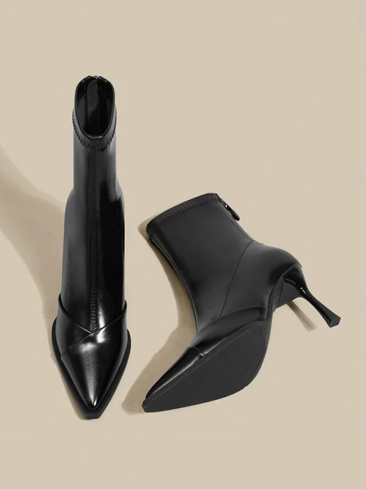 Black Pointed Toe High Heel Short Boots Women's Autumn Winter New Style Elastic Slim Fit Short Tube Boots Korean Version