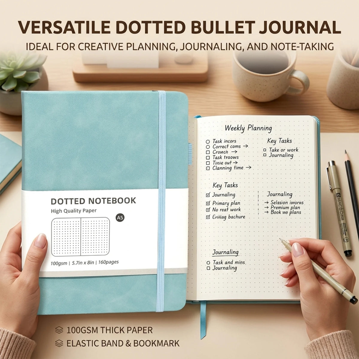 A5 Hardcover Notebook Macaron Colors Business Planner with Elastic Band Dot Grid and Lined Pages Portable Durable for School