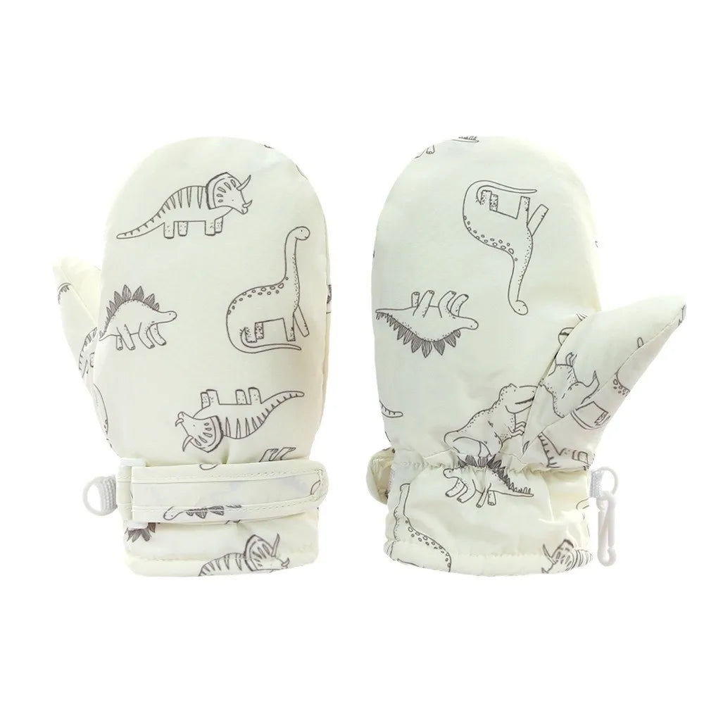 Toddler Dinosaur Snow Mittens – Fleece-Lined, Sizes S, M, L