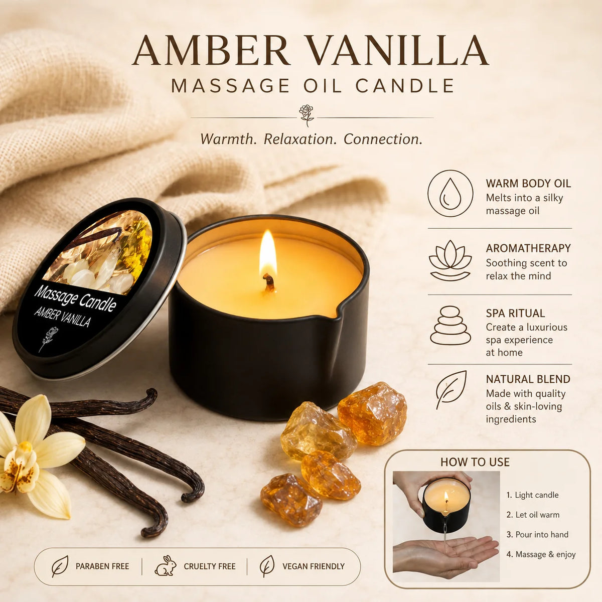 Amber Vanilla Massage Candle, Soy Wax Scented Candles - Ideal for Creating Relaxing Ambience & Holiday Gifting, Gifts for Women