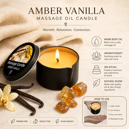 Massagekerze aus Sojawachs mit Amber und Vanille | Entspannende Aromatherapie-Kerze | Urlaubsgeschenk für Frauen