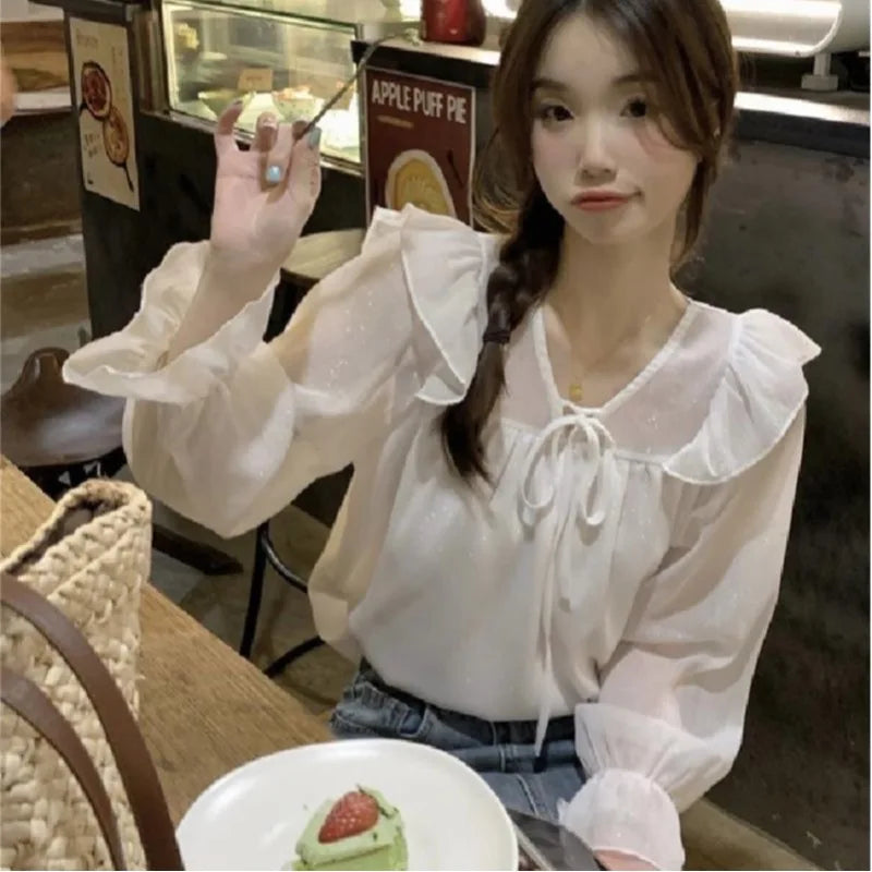 V-Neck Lace-Trim Chiffon Blouse