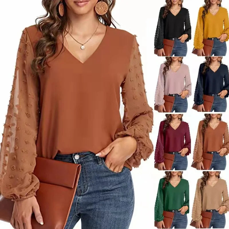 Elegant Chiffon Splicing Bubble Sleeve Blouse Female British Style Comfortable Commuter Shirt Women's V Neck Pullover Loose Tops