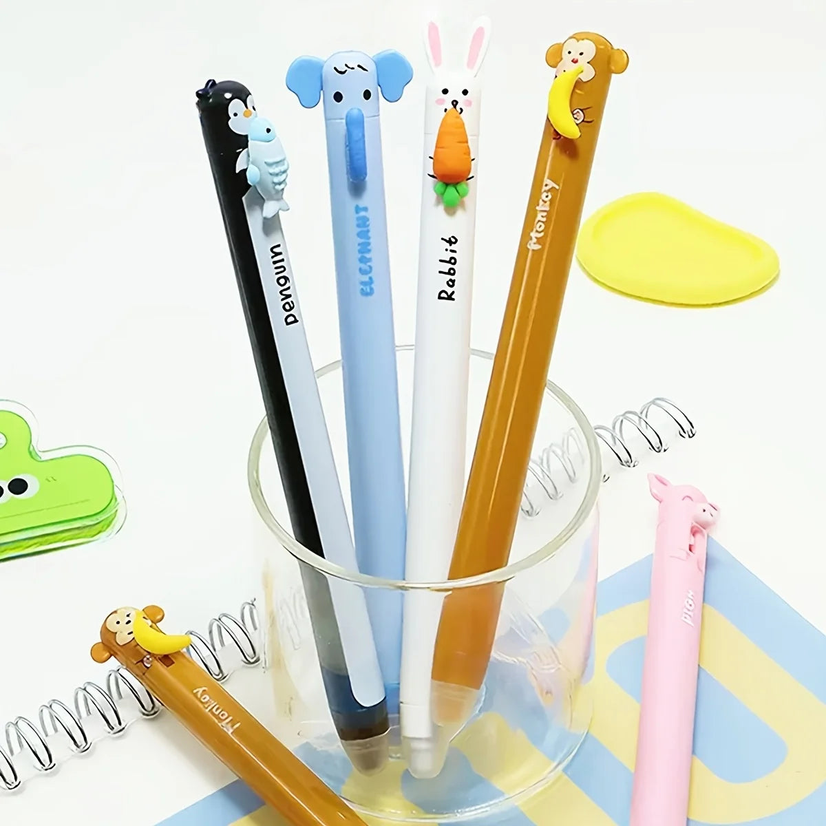 6pcs Animal-shaped Erasable Gel Pen Set, 0.7mm Fine Tip, Blue Ink, Built-in Eraser, Ideal for Note-taking and Writing,Side press