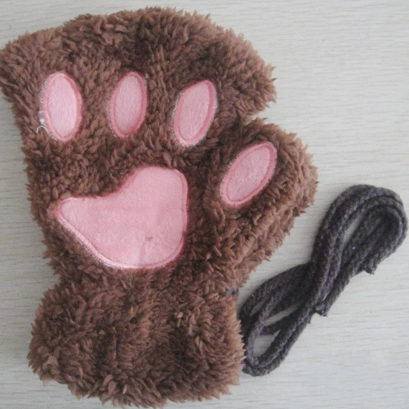 Women's Plush Cat Paw Fingerless Gloves