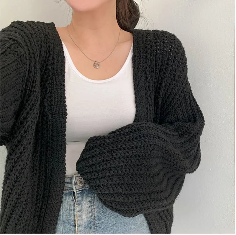 Women's Lantern-Sleeve Knit Cardigan – Relaxed Open-Front Sweater