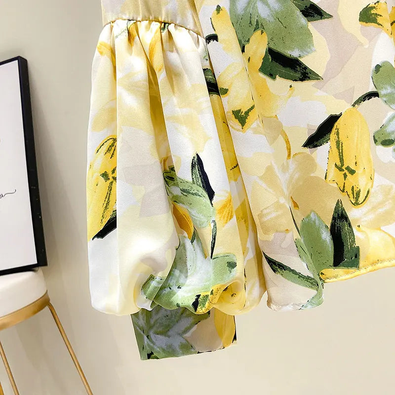 Yellow Floral Printing Chiffon Stand Collar Lantern Sleeve Pullover Women's Blouse Shirt Casual Female Clothing Tops Fashion