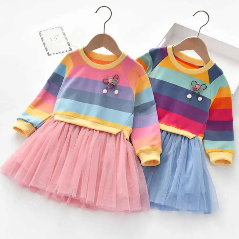 Girls' Rainbow Stripe Fleece Tutu Dress - Long Sleeve Autumn Princess Dress, 3T-7T