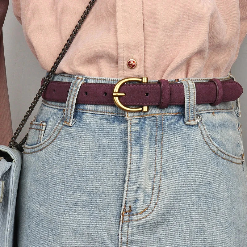 Women's Suede Belt with Gold Horseshoe Buckle