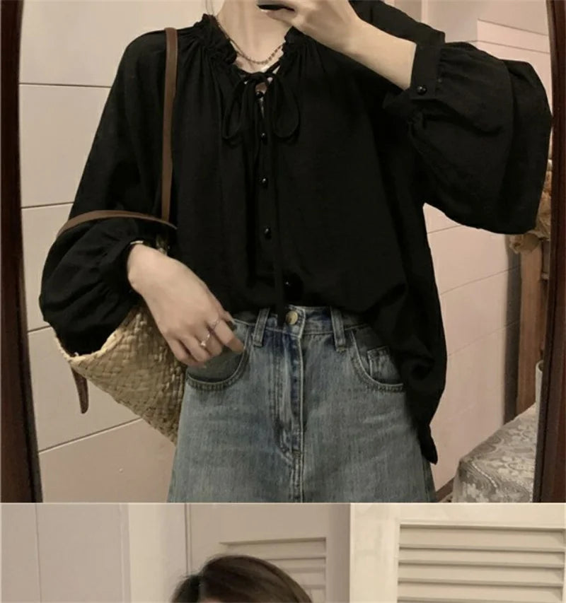 French Solid Color Leisure Women Sweet Solid Color V-neck Ruffled Edge Pullover Shirt Female Loose Fitting Lantern Sleeve Blouse