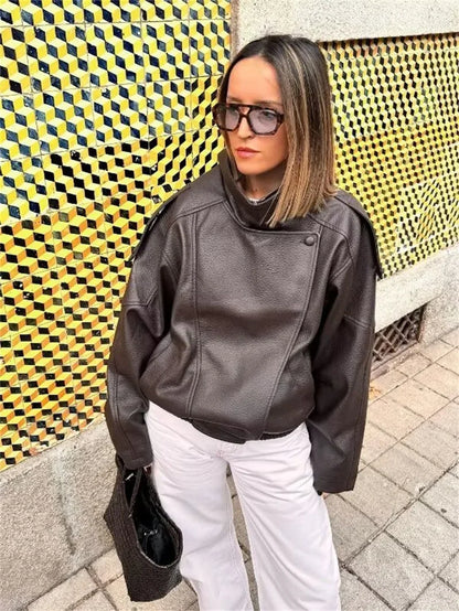 Chaqueta de cuero sintético con cremallera para mujer Guobioziy
