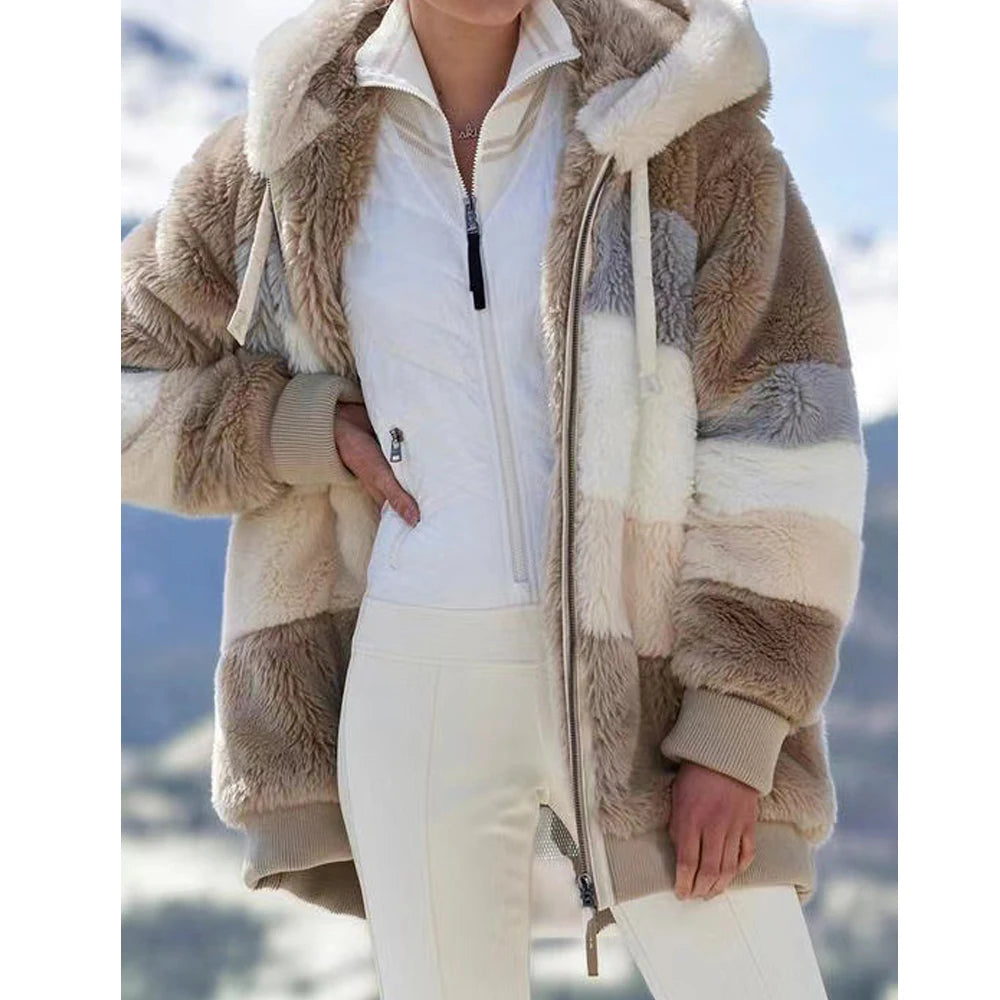 Winter Fashion Women's Coat 2026 Hooded Zipper Ladies Jacket Spliced Thick Cashmere Women Jacket Stitching Plaid Ladies Coats